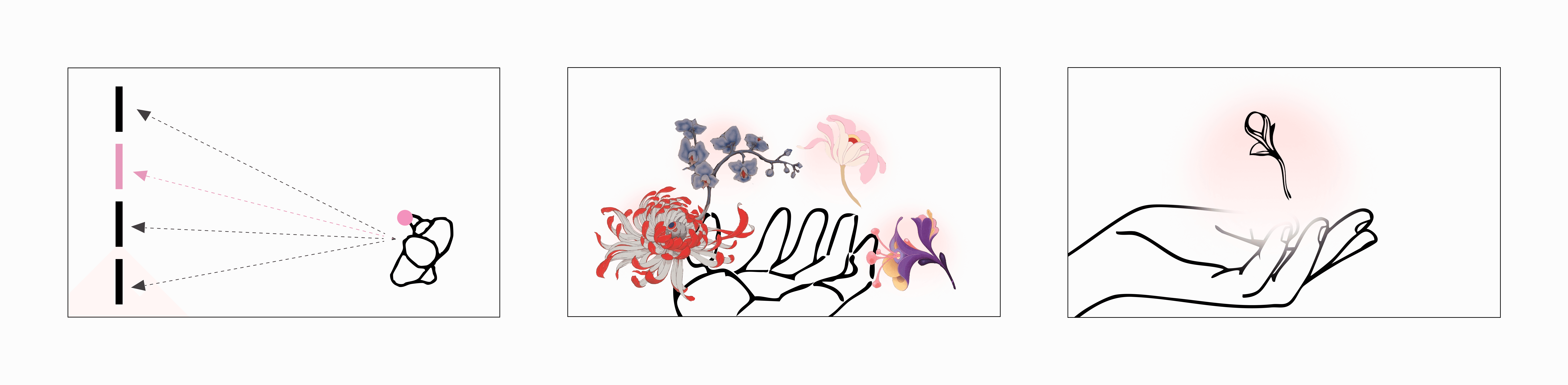 Three storyboard panels showing a hand revealing plant species in mixed reality