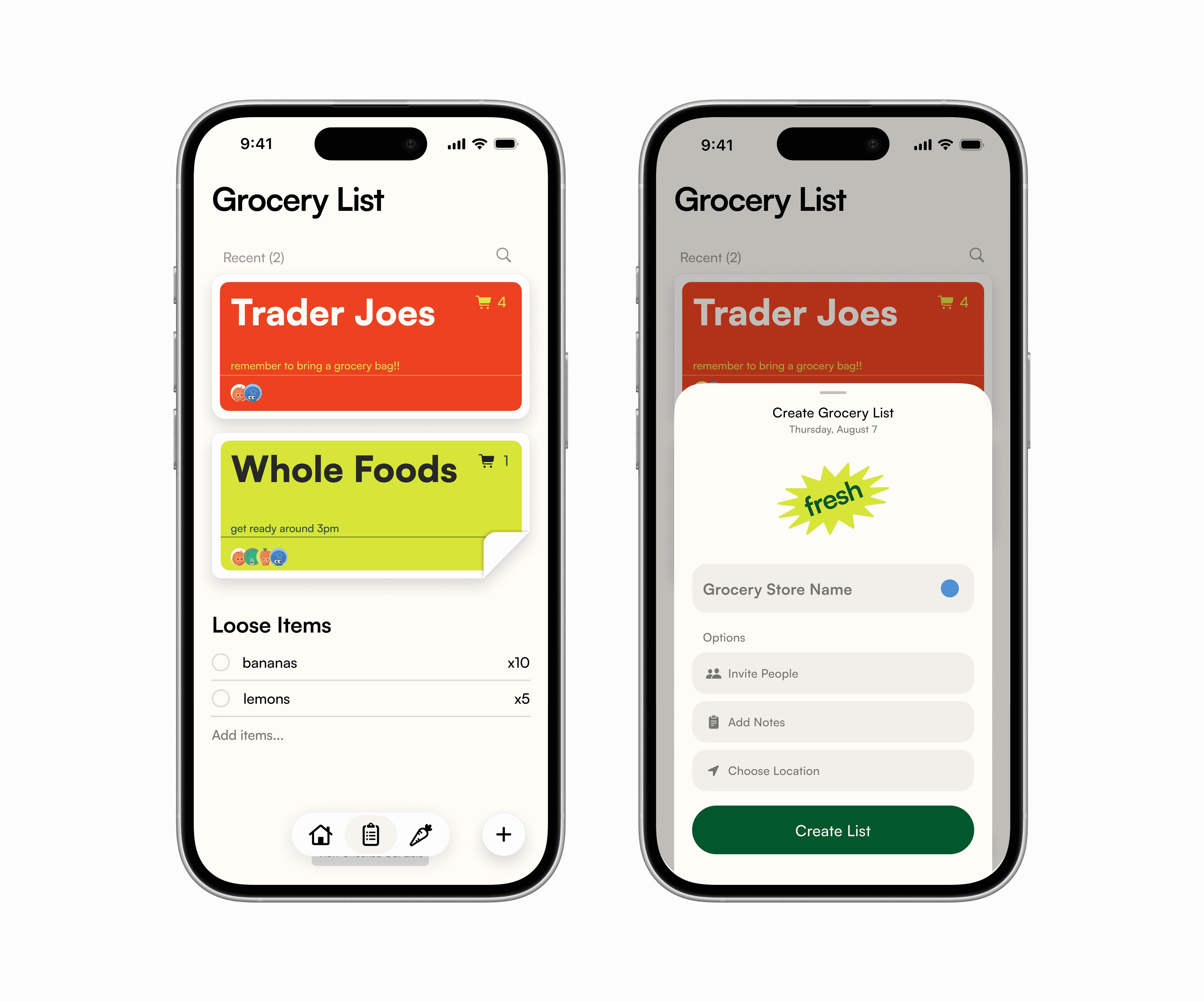 On-the-go grocery list screens